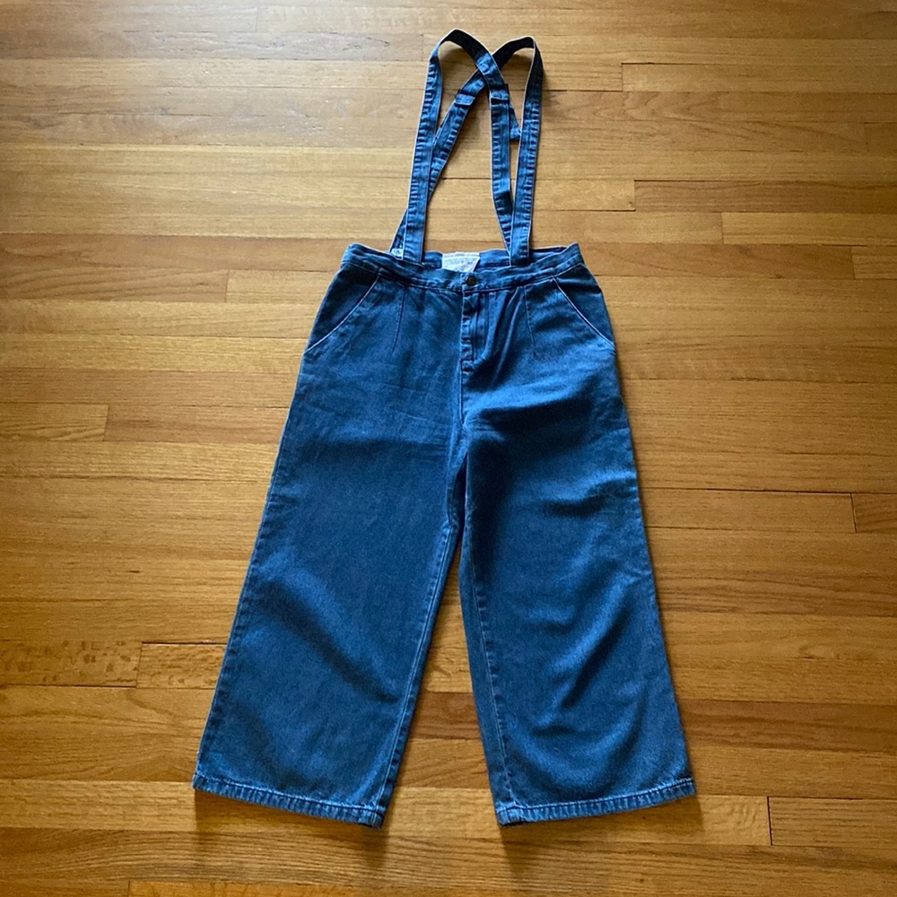 wide leg cropped denim suspender pants